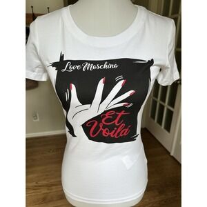 Love Moschino White Graphic Tee Et Voila Hand Print T-Shirt Size 2/38 NWT